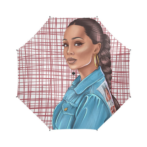 Black Girl Jean Jacket Semi-Automatic Foldable Umbrella